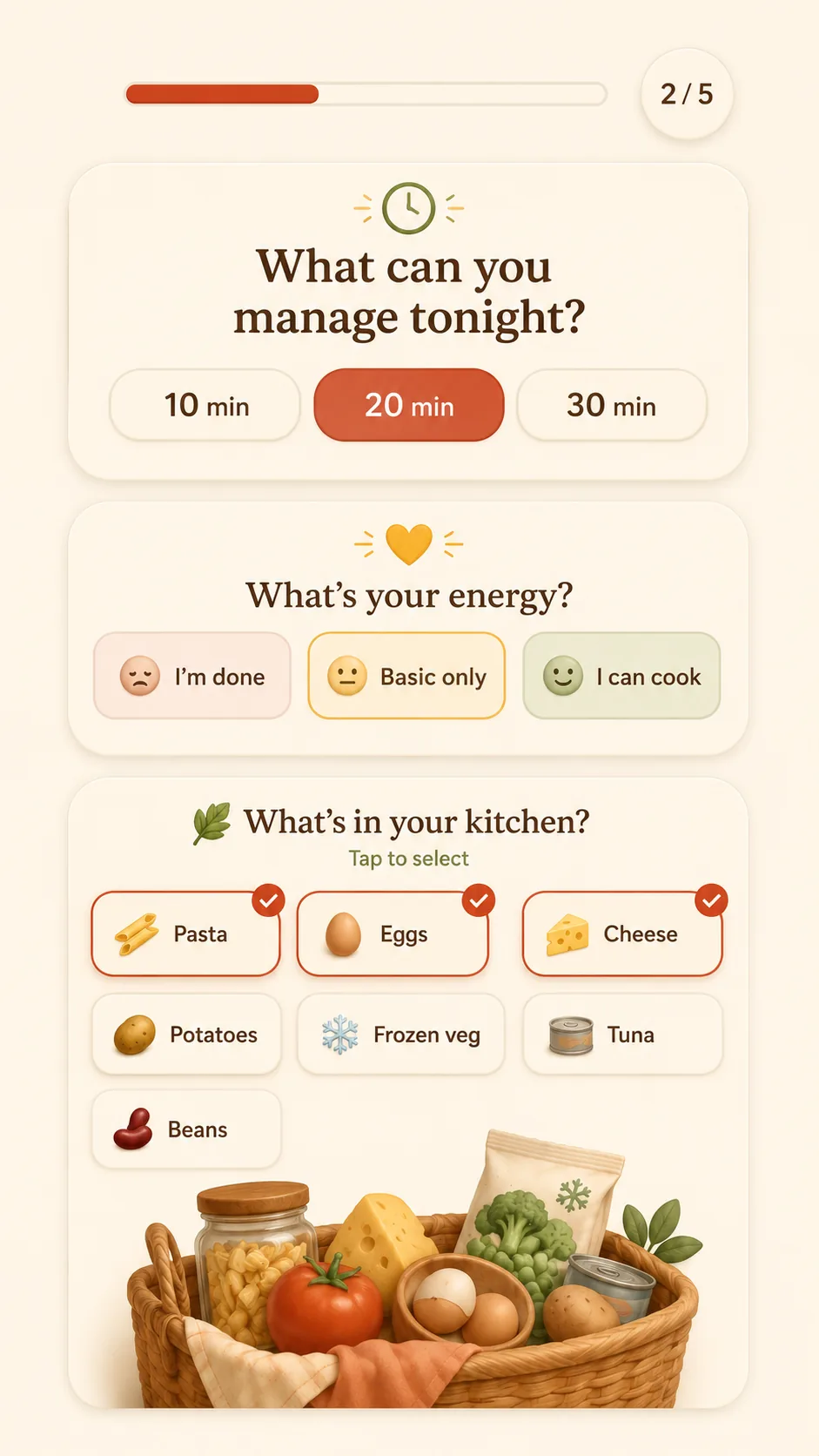 App screen — time, energy and ingredients